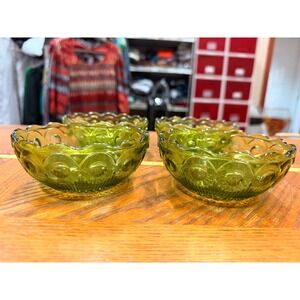 Vintage Avocado Green Glass Bowl Set 4 Scalloped Edge Thumbprint MCM Dessert